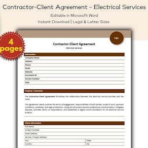 May include: A document titled "Contractor-Client Agreement - Electrical Services" with editable fields for company information. The document is available for instant download in legal and letter sizes. A red circular badge indicates "4 pages".