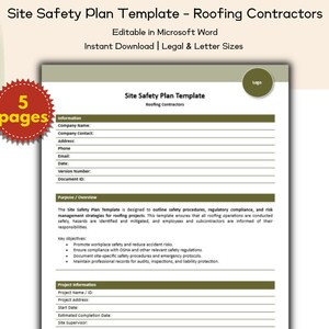 May include: A document titled "Site Safety Plan Template - Roofing Contractors" with text including "Editable in Microsoft Word" and "Instant Download." A red and gold starburst graphic reads "5 pages."