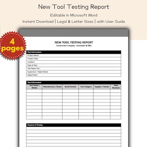 Könnte beinhalten: Ein weißes Dokument mit dem Titel "New Tool Testing Report" mit schwarzem Text. Das Dokument enthält Felder für Projektinformationen und Werkzeugdetails. Eine rote Sternburst-Grafik zeigt "4 Seiten". Das Dokument ist in Microsoft Word bearbeitbar.