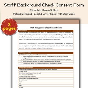 May include: A document titled "Staff Background Check Consent Form" is displayed. The form is editable in Microsoft Word and available for instant download in legal and letter sizes. A red badge indicates the document has 3 pages.