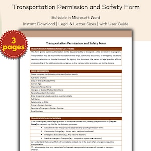 Daycare Transportation Permission and Safety Form Editable and Printable Template, Preschool, Childcare, School Admin, Policies Permissions