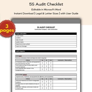 May include: A 5S Audit Checklist document, editable in Microsoft Word, with a user guide. The checklist includes sections for project information and audit categories. The document is available in legal and letter sizes. A red circular sticker reads "3 pages".