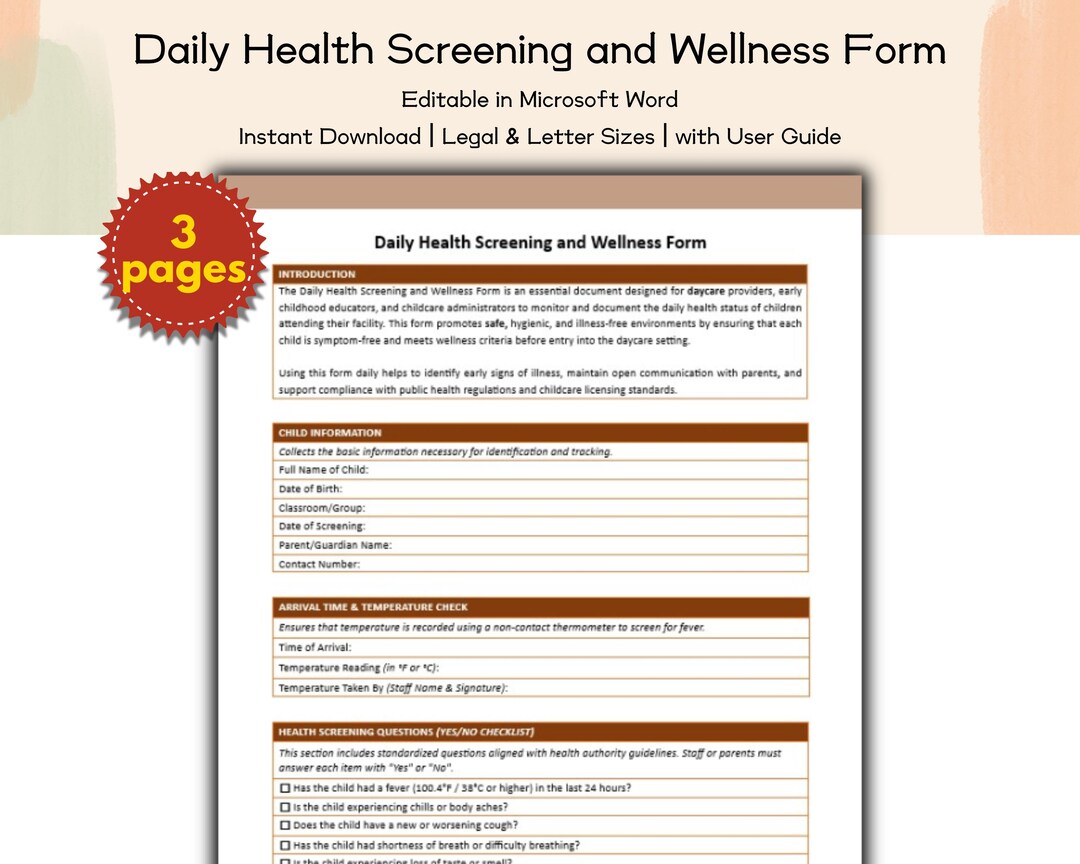 Daycare Daily Health Screening and Wellness Form Editable and Printable ...