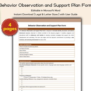 Könnte beinhalten: Ein druckbares Formular mit dem Titel "Behavior Observation and Support Plan Form" mit dem Text "Editable in Microsoft Word" und "Instant Download". Das Formular enthält Abschnitte für Kinderinformationen und Beobachtungsdetails. Ein roter runder Aufkleber zeigt "4 Seiten."