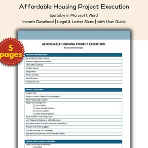 May include: A document titled "Affordable Housing Project Execution" with a blue and white design. The document includes fields for project details and general information. A red sticker with "5 pages" is in the upper left corner.