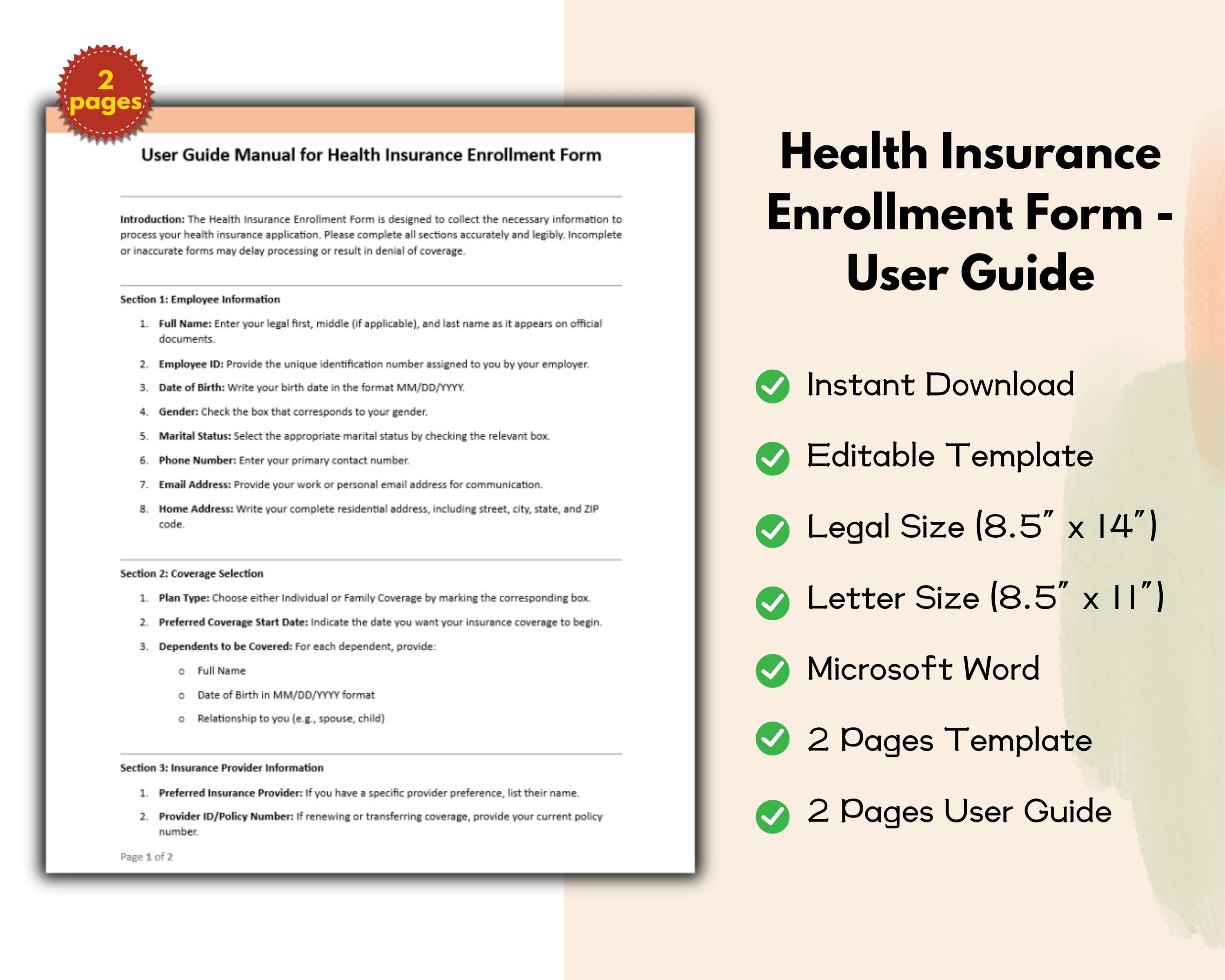 Health Insurance Enrollment Form Editable & Printable Template for Easy ...