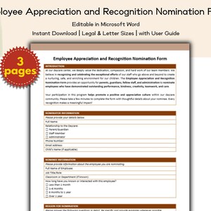 Può includere: Un modulo di nomina per il riconoscimento e l'apprezzamento dei dipendenti, stampabile e modificabile in Microsoft Word. Il documento include sezioni per le informazioni sul nominatore e sul nominato, con un focus sul riconoscimento delle prestazioni.