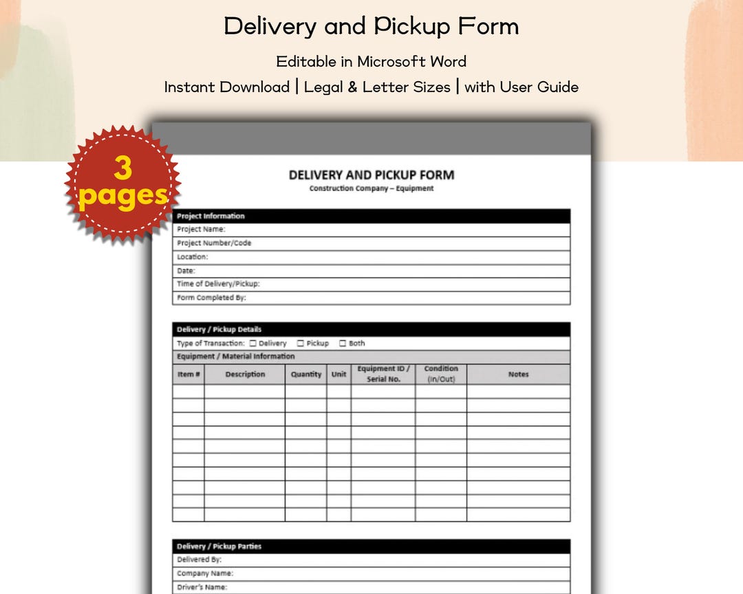 Material Delivery Form.pdf Construction Company Delivery and Pickup Form Editable and Printable ...