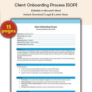 May include: A blue and white document titled "Client Onboarding Process (SOP)" with the text "Editable in Microsoft Word" and "Instant Download." A red starburst graphic indicates "15 pages."