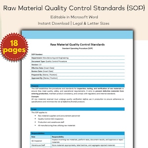 Puede incluir: Un documento titulado "Raw Material Quality Control Standards (SOP)" con texto, incluyendo "Editable in Microsoft Word" e "Instant Download". Un gráfico de estrella roja indica "18 páginas". El documento tiene un encabezado azul y un fondo blanco.