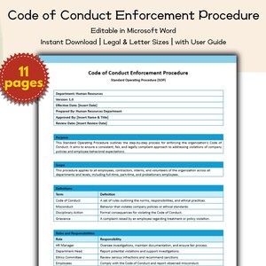 May include: A document titled "Code of Conduct Enforcement Procedure" with the text "Editable in Microsoft Word" and "Instant Download." The document is blue and white, with a red circular sticker that says "11 pages."