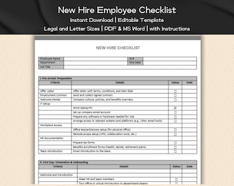 New Hire Employee Checklist Form Editable and Pribtable Template | Employee Onboarding Process | HR Templates Form | HR New Hire Form