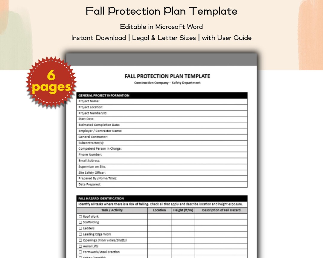 Construction Company Fall Protection Plan Template Editable and ...