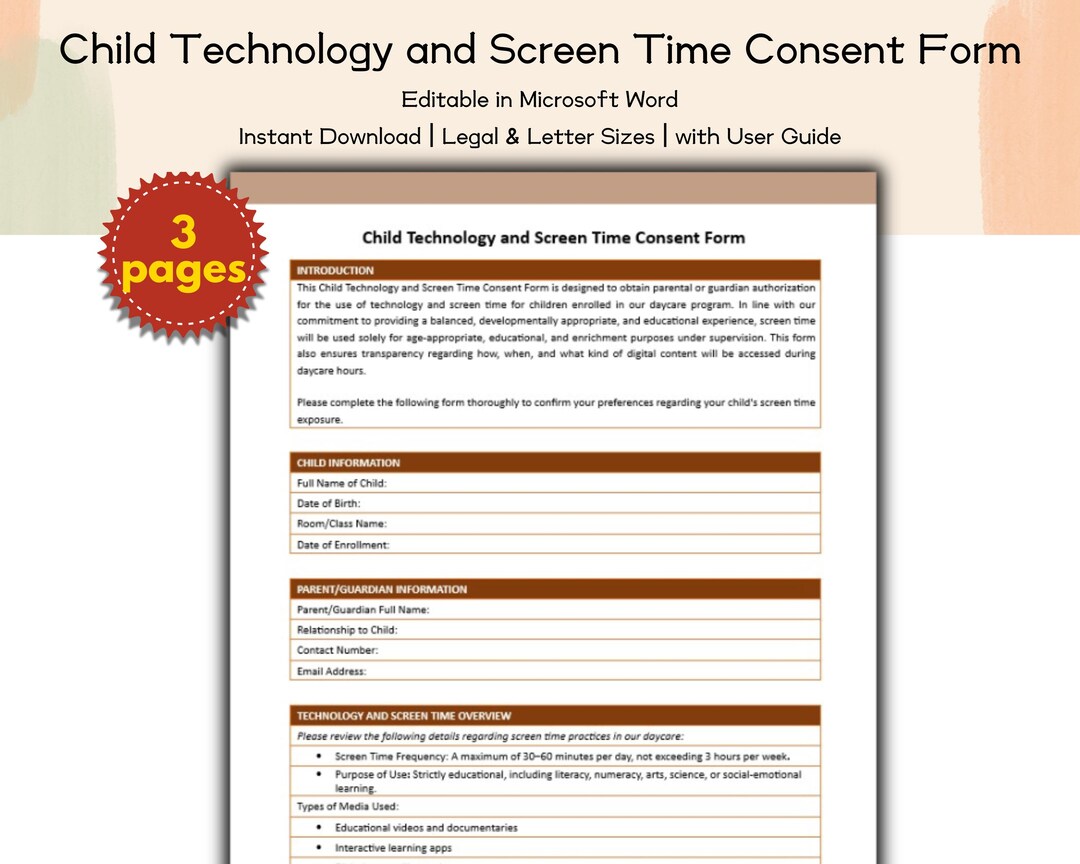Screen Authorization Example Daycare Child Technology and Screen Time Consent Form Editable and ...