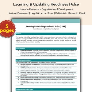 Könnte beinhalten: Ein Dokument mit dem Titel "Learning & Upskilling Readiness Pulse" zu Human Resources und Organisationsentwicklung. Sofortiger Download, editierbar in Microsoft Word, in den Formaten Legal und Letter. Ein roter Aufkleber zeigt "5 Seiten."