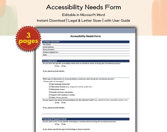 Accessibility Needs Form Editable and Printable Tempmlate, Workplace Accommodation Request, HR Equality Compliance Forms, Editable HR Forms