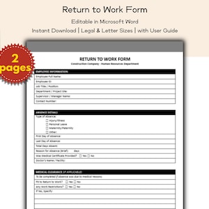 Könnte beinhalten: Ein Rückkehr zum Arbeitsformular, bearbeitbar in Microsoft Word, in den Formaten Legal und Letter verfügbar. Das Formular enthält Abschnitte für Mitarbeiterinformationen, Abwesenheitsdetails und medizinische Freigabe. Das Bild zeigt auch einen roten Aufkleber mit der Aufschrift "2 Seiten".