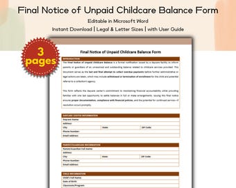 Daycare Final Notice of Unpaid Childcare Balance Editable and Printable Template, Preschool, Childcare Professionals, School Administrators