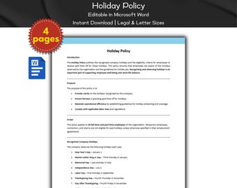 Holiday Policy Editable Template | Human Resource Policies | Work Hours And Attendance | MS Word | Employee Management | HR Tools Lists