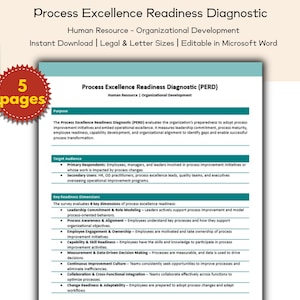 May include: A digital document titled "Process Excellence Readiness Diagnostic" with the text "Human Resource - Organizational Development." The document is editable in Microsoft Word and available for instant download in legal and letter sizes. A red sticker indicates "5 pages."
