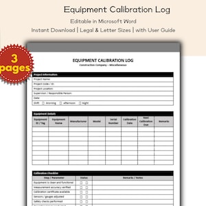 Puede incluir: Documento de registro de calibración de equipos, editable en Microsoft Word. El documento incluye secciones para información del proyecto, detalles del equipo y una lista de verificación de calibración.