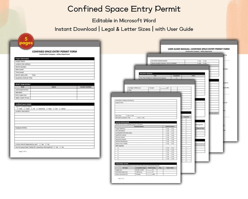 Team Permitting Lettering Construction Company Confined Space Entry Permit Editable and Printable ...