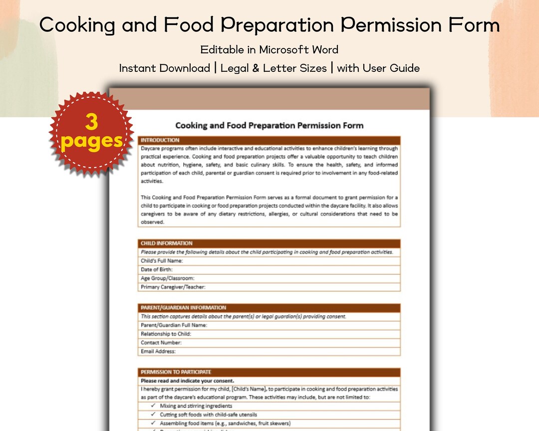 Daycare Cooking and Food Preparation Permission Form Editable and ...