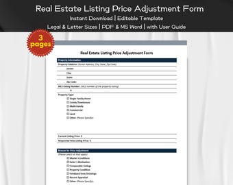 Formulário de ajuste de preço de listagem Modelo editável e imprimível | Agentes imobiliários | Listagens de imóveis | Marketing de agentes
