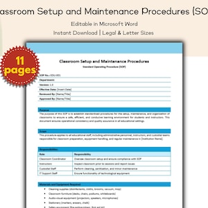 Peut inclure: Document intitulé « Procédures de configuration et de maintenance des salles de classe (SOP) ». Modifiable dans Microsoft Word, téléchargement instantané, formats légal et lettre. Le document de 11 pages détaille le but, la portée et les responsabilités.