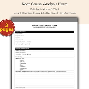 Construction Company Root Cause Analysis Form Editable and Printable Template, Lean Construction Teams and Coordinators, Project Manager