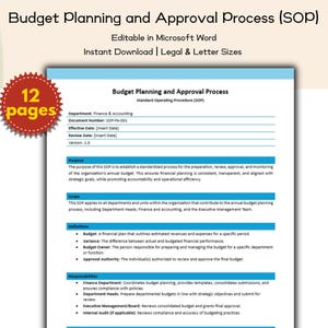 May include: A document titled "Budget Planning and Approval Process (SOP)" with text, including "Editable in Microsoft Word" and "Instant Download." The document is 12 pages long and includes definitions and responsibilities for financial planning.