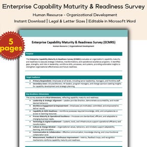 May include: A document titled "Enterprise Capability Maturity & Readiness Survey" with the text "Human Resource - Organizational Development." The document is editable in Microsoft Word and available for instant download in legal and letter sizes. A red sticker indicates "5 pages."