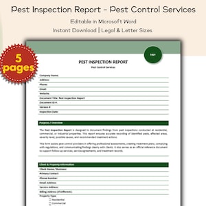 Może przedstawiać: Szablon raportu z inspekcji szkodników zatytułowany "Pest Inspection Report - Pest Control Services". Dokument jest edytowalny w programie Microsoft Word i dostępny do natychmiastowego pobrania w formatach legal i letter. Raport zawiera sekcje dotyczące informacji o firmie i szczegółów inspekcji.