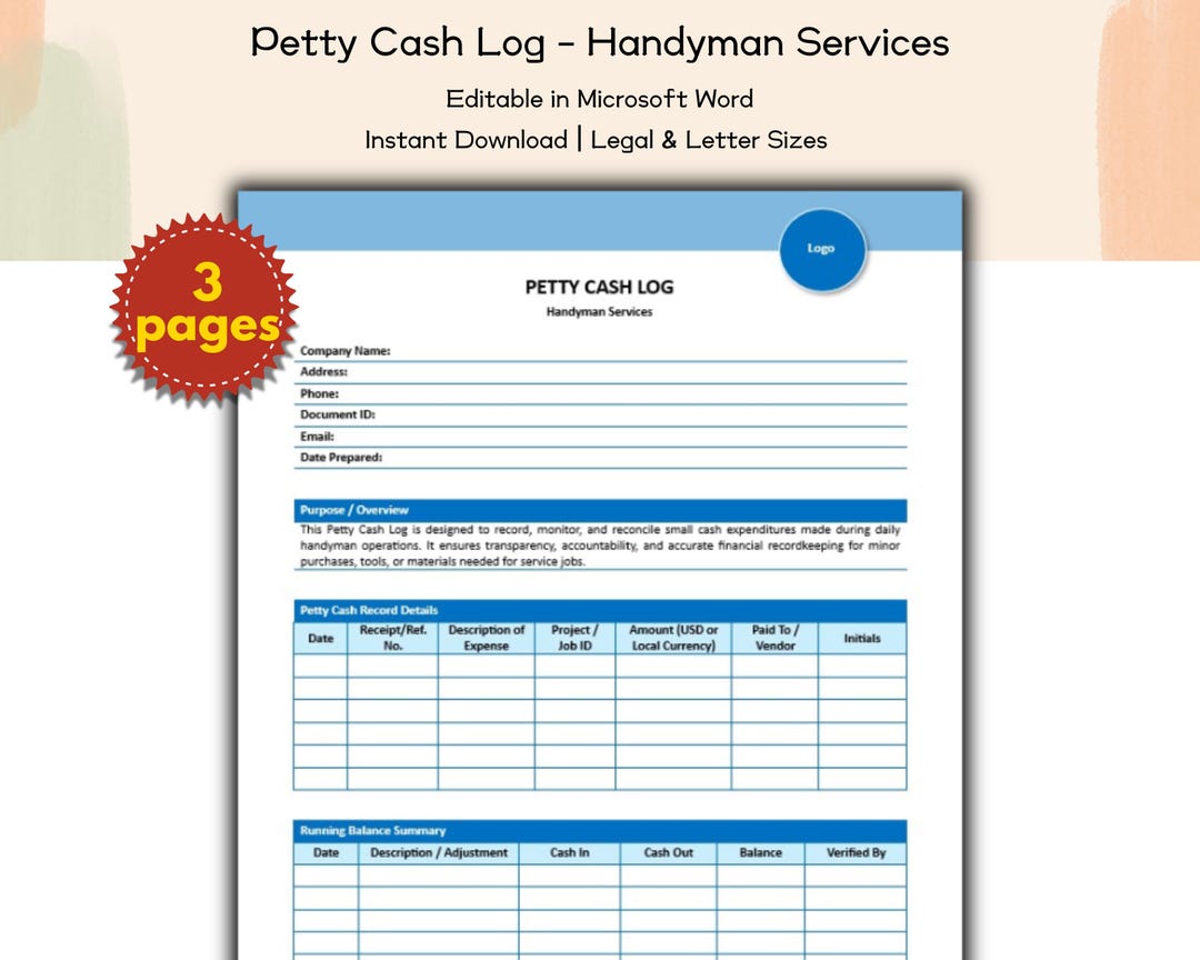 Petty Cash Log Editable and Printable Template, Handyman Home Services ...