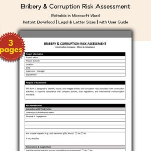 Construction Company Bribery & Corruption Risk Assessment Editable and Printable Template, Ethics and Compliance Department, Admin Staff