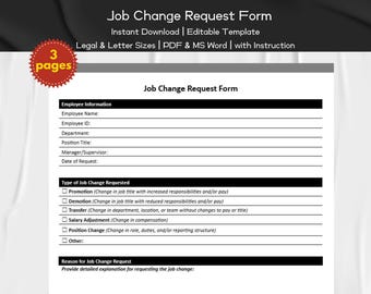 Job Change Request Form Editable and Printable Template with Manual | HR Professionals Form | HR Employee Management | Human Resource