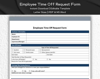 Time Off Request Form Editable and Printable Template | Sick Leave Request Form | HR Forms | Paid Time Off | Interactive Check Mark