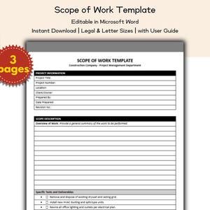 May include: A white Scope of Work template with black text, including fields for project information and scope description. The template is editable in Microsoft Word and available for instant download in legal and letter sizes. A red circular graphic indicates the template has 3 pages.