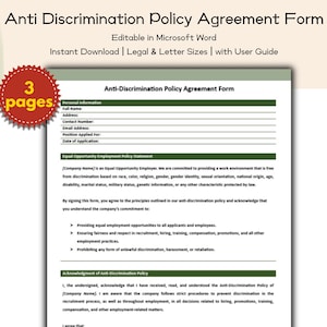 Anti-Discrimination Policy Agreement Form Editable and Printable EEO Compliance Template, HR Workplace Equality, Editable HR Form Template