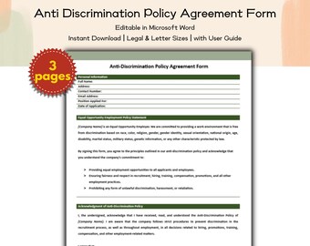 Anti-Discrimination Policy Agreement Form Editable and Printable EEO Compliance Template, HR Workplace Equality, Editable HR Form Template