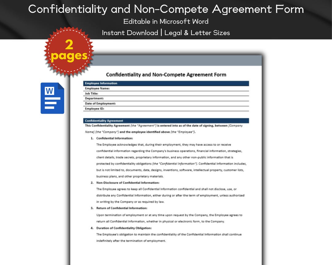 Confidentiality and Non-compete Agreement Form Editable and Printable ...