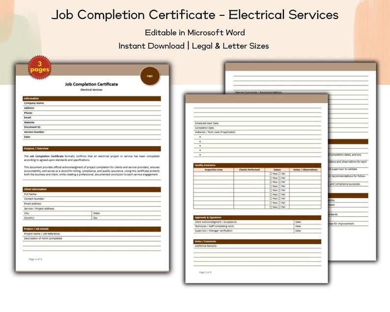 Job Complete Sign Job Completion Certificate Form Electrical Services Editable and ...