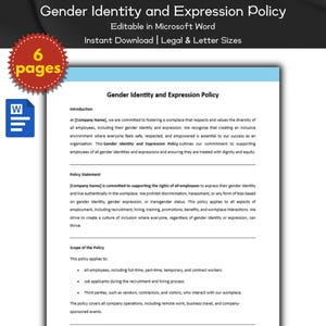 May include: A printable document titled "Gender Identity and Expression Policy" with a blue and white word document icon. The document is editable in Microsoft Word and includes a policy statement and scope of the policy.
