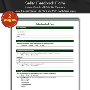 Seller Feedback Form Real Estate Editable and Printable Template | Agent Marketing | Real Estate Property Home Listing