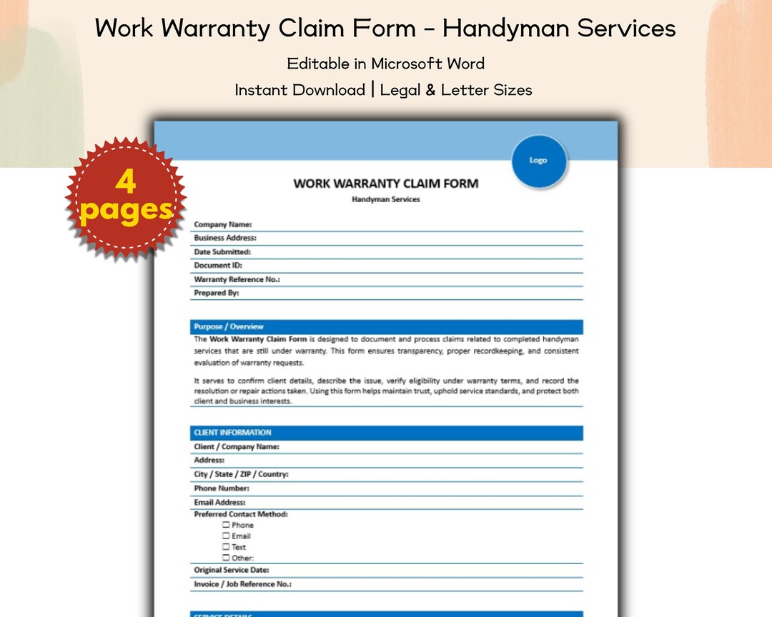Work Warranty Claim Form Editable and Printable Template, Handyman Home ...