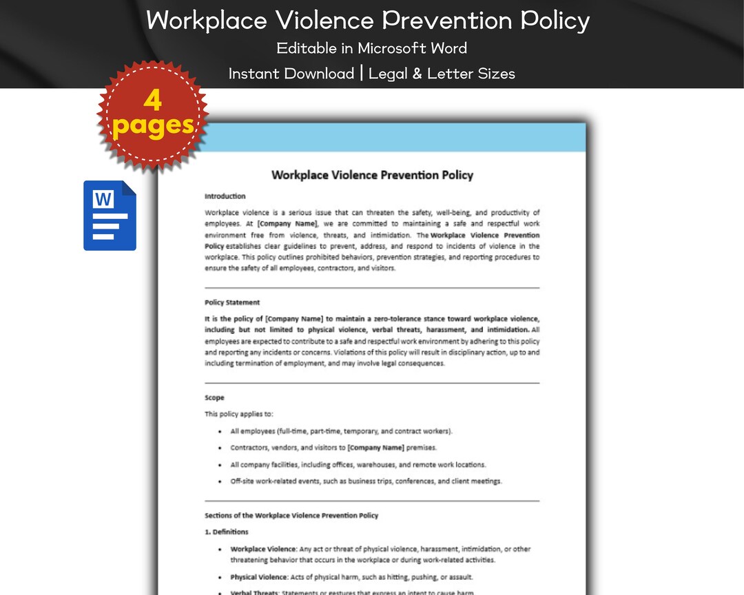 Workplace Violence Prevention Policy Editable Template | Human Resource ...