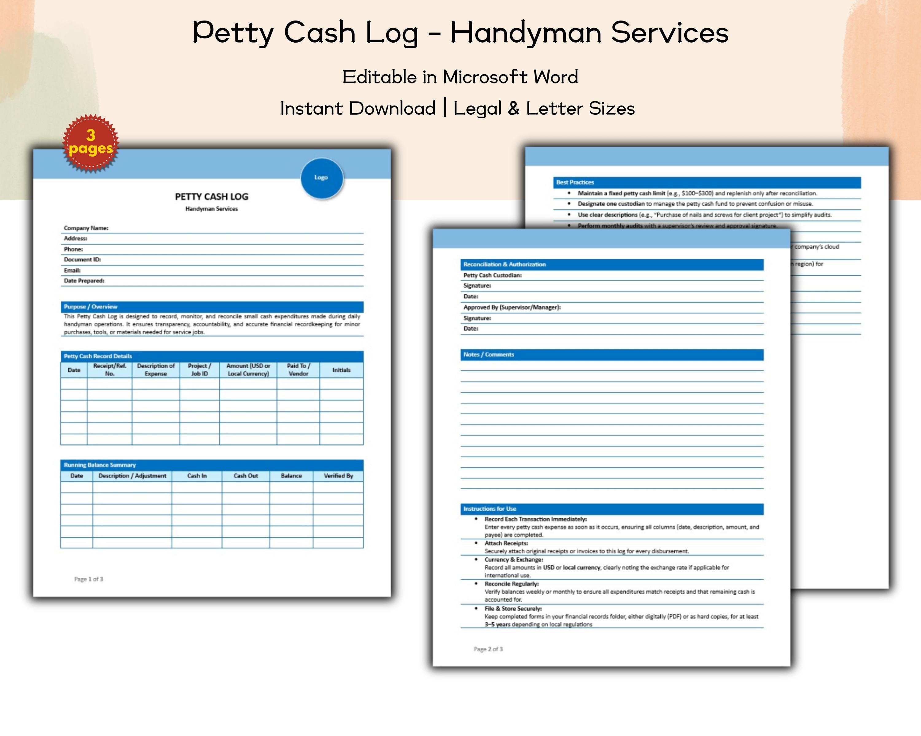 Petty Cash Log Editable and Printable Template, Handyman Home Services ...