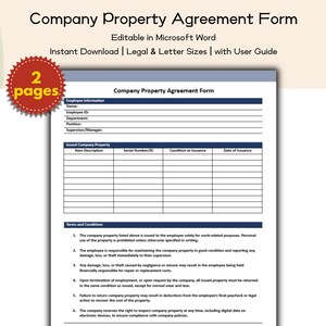 Company Property Agreement Form – Editable and Printable HR Template for Employee Compliance and Company Policies | Human Resource