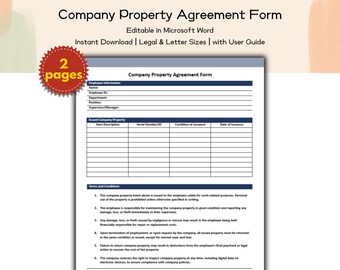 Company Property Agreement Form – Editable and Printable HR Template for Employee Compliance and Company Policies | Human Resource