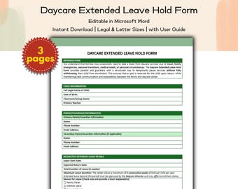 Daycare Extended Leave Hold Form Printable and Editable Template, Childcare Attendance Template, Leave of Absence Request, Preschool Nursery